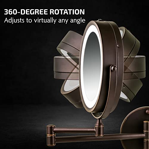 Image of OVENTE 7 inch Wall Mounted Lighted Makeup Mirror, Antique Bronze MFW70ABZ1X7X | Cordless Double Sided 1X /7X Magnifying Mirror for Bathroom with LED Lights, 360 Rotation, Extendable Arm, Battery Operated