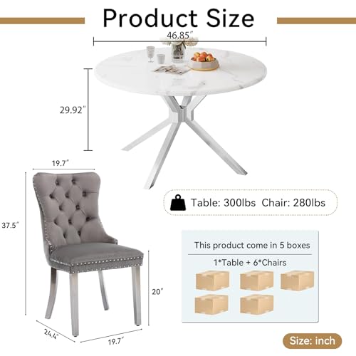 Image of 7-Piece Round Dining Table Set for 6, Modern Faux Marble Kitchen Table and Grey Velvet Chairs Set of 6, Luxury 45 inch Circle White Silver Dining Room Tables with Stainless Steel Cross Legs