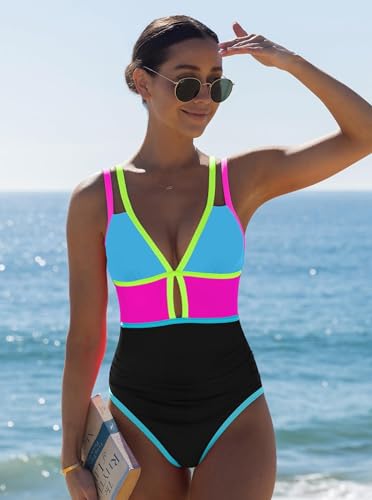 Image of popvil Women One Piece Swimsuit 2026 Tummy Control Sexy Cutout Neon Color Block Bathing Suit Slimming Adjustable Swimwear