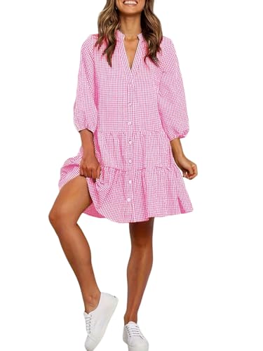 utcoco Women's 2025 Spring Summer Plaid Shirt Dress 3/4 Puff Sleeve Button Down Loose Casual Midi Dress with Pockets (Large, Pink)