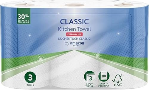 by Amazon - by Amazon Classic Lot de 3 rouleaux d'essuie-tout (1 paquet de 3), 80 feuilles par rouleau - -28%