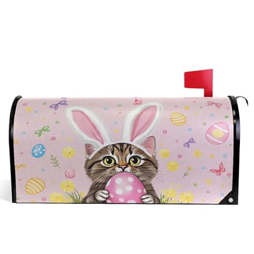 Image of Easter Bunny Cat Pink Magnetic Mailbox Covers Happy Easter Day Eggs Rabbit Butterfly Mailbox Cover Standard Size Full Magnet Garden Yard Porch Mail Boxes Cover Holiday Decorations 21 inch L x 18 inch W