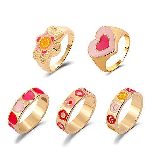 5PCS Gold Smile Face Rings,Cute Heart Flower Indie Rings Set for Women Girls Chunky Rings (5PCS Gold Rings)
