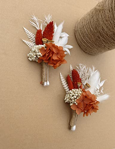Dried Flowers Boutonnieres 2-Piece Set For Boho Rustic Wedding Groom And Groomsmen Corsage Anniversary Dinner Ceremony (Terracotta) #TOP1