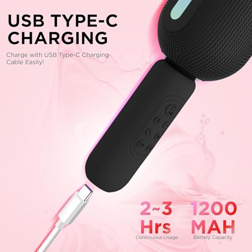Image of Wireless Bluetooth Karaoke Mic with 5W Speaker,Upto 3-Hour Playtime, Dynamic RGB Lights, Music Recording, Duet Singing, Mini Karaoke Machine for Car Travel, Fast Charging (Black)