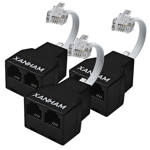 Telephone Cable 2 Way Splitter(3 Pack) RJ11 6P4C Phone Line Cord Adapter with 3 inch Cable for Landline Phone Wire, Black, AV01204