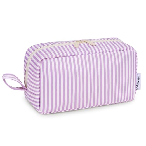 Image of Narwey Cute Makeup Bag Small Toiletry Bag Travel Cosmetic Bag Organizer Make Up Bags with Organized Pockets for Women (Purple Stripe, Large)