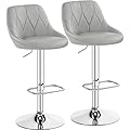 Yaheetech Set 2 Sgabelli Bar Alti Altezza Regolabile Cucina Design Moderni con Schienale Girevole Imbottiti in Finta Pelle Poggiapiedi Metallo Grigio Chiaro