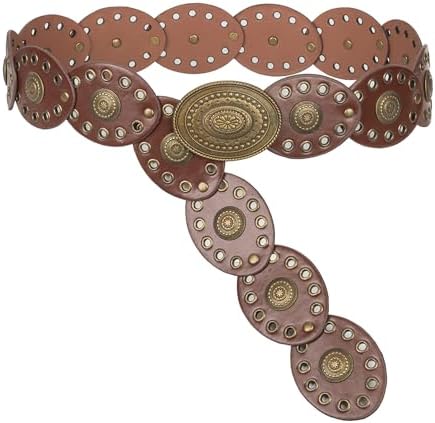 INOGIH Womens Wide Western Cowboy Disc Belt Vintage Cowgirl Concho Leather Belts Boho Style for Jeans Dress Skirt