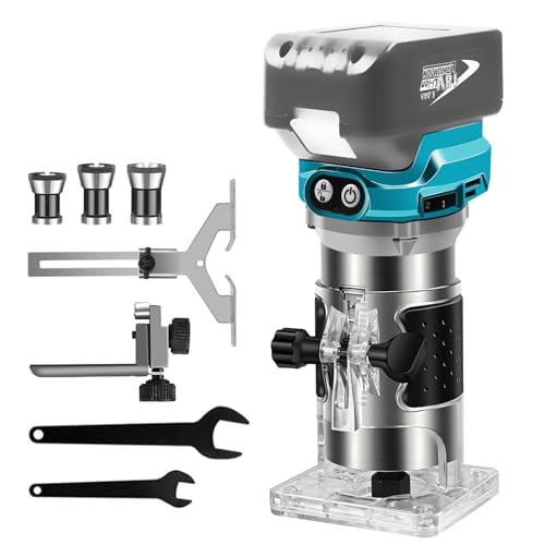 Akku Kantenfräse für Ma-kita 18V Akku, 30000 U/min Bürstenloser Trimmer mit 1/4', 6 mm und 8 mm, Kompaktfräse, Akku Oberfräse Einhandfräse Holztrimmer mit 6 Geschwindigkeit (ohne Akku)