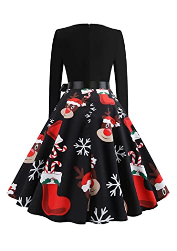 OMZIN Damen Vintage Langarm Midikleid Hepburn Abend Rundhalsausschnitt Plissee Kleid Übergröße Weihnachtskleid Geschenk S