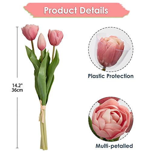 Image of DILATATA 6 Pcs Artificial Tulips Flowers Pink Real Touch Fake Latex Tulips Flowers for Mother's Day 14 inch Faux Tulips Faux Flowers for Vase Centerpieces Home Wedding Bouquet