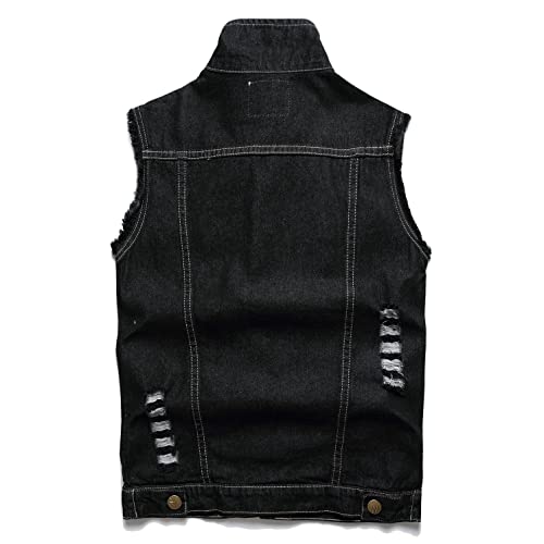 Image of Denim Vest Men Lapel Sleeveless Slim Fit Retro Ripped Casual Jean Vest for Men's