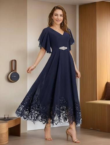 Mother of The Bride Dresses for Wedding Tea Length V Neck Chiffon Lace Formal Evening Dress with Sleeves JH0193