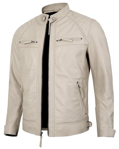 Image of Leather Jacket Men - Real Lambskin Motorcycle Jacket with Snap Tab Collar, Adjustable Waist & Zippered Pockets