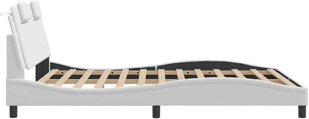 Bed Frame Viana White Faux Leather Platform Bed 59.8"x79.9" with Slatted Foundation and Headboard Sturdy Durable No-Box-Spring-Needed Modern Bedroom Furniture