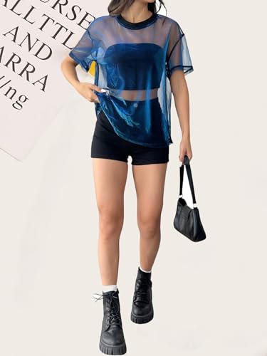 OYOANGLE Women's See Through Top Metallic Mesh Sheer Short Sleeve Rave T-Shirt4