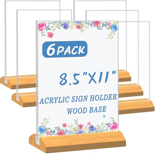 Image of 6 Pack Acrylic Sign Holder 8.5 x 11 Inch with Wood Base for Stores | Signs Stand for Menu Flyer Display Table Clear Plastic T Shape Holder for Restaurants, Hotels, Office