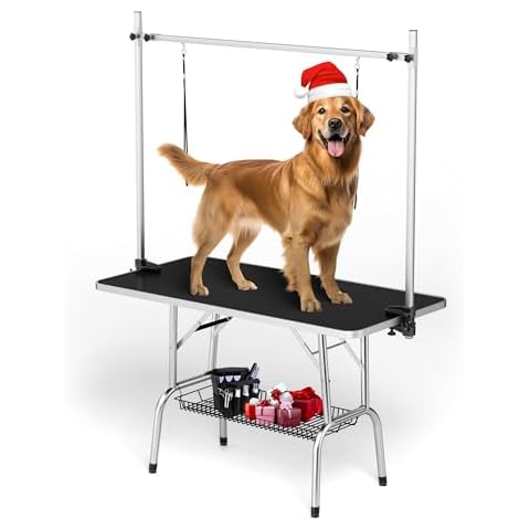 Polar Aurora 46'' Pet Dog Grooming Table,Adjustable Height Heavy Duty Professional Stainless Steel Grooming Table for Dogs at Home for Medium Large Dogs w/H-Shape Arm,2 Nooses,Mesh Tray Cover