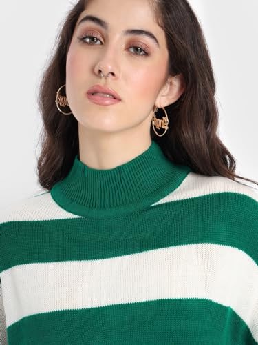 Image of Bewakoof Women's Striped Oversized Fit Full Sleeve Round Neck Acrylic Sweater