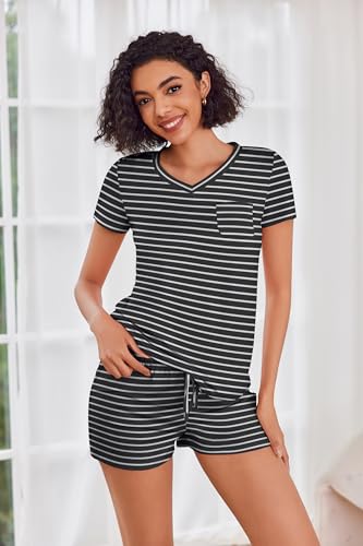 Image of Ekouaer Womens Pajama Sets Short Sleeve Pajamas for Women Sets Soft Lounge Sets Casual V Neck Sleepwear PJS