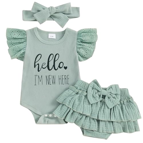 Image of Mubineo Baby Girl Summer Clothes Hello Im New Here Outfits Newborn Romper Ruffle Skirt Shorts Coming Home Outfit