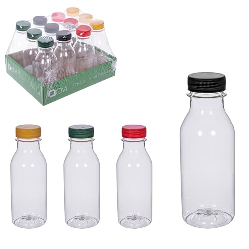 TWO TIGERS Pack Botellas de Plástico con Tapón. Varios Tamaños a Elegir, Colores Surtidos. Leche, Zumo, Agua. Botella PET Transparente con Tapón en Colores Surtidos. 100% Reciclable (330ml (12uds))