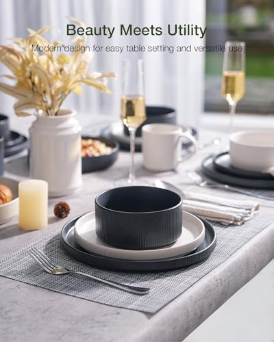 Image of Famiware Star 12-Piece Stoneware Dinnerware Sets for 4, Reactive Glaze Plates and Bowls, Modern Rustic Dishes for Everyday /Formal Use, Chip /Scratch Resistant, Microwave /Dishwasher Safe, White & Black