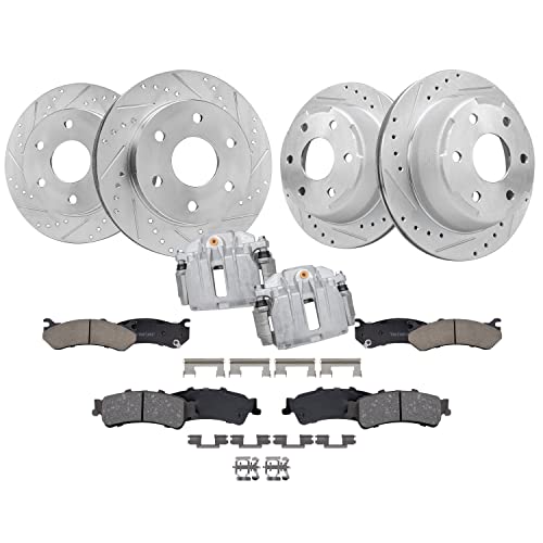 Image of Detroit Axle - Brake Kit for Chevy GMC Silverado Suburban Sierra 1500 Astro Safari Yukon, 12 inch inch Front & 12.78 inch inch Rear Drilled Slotted Brake Rotors Brakes Pads Replacement REAR Brake Calipers