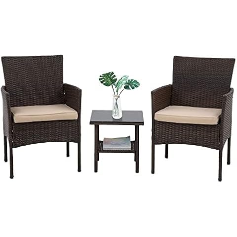 Ruesleag Patio Furniture 3 Pieces Outdoor Wicker Patio Furniture Conversation Set Patio Set Bistro Table Set for Backyard Porch Poolside Garden Balcony Lawn,Glass Coffee Table &RattanChairs Set,Brown Cover