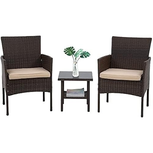 Patio Furniture 3 Pieces Outdoor Wicker Patio Furniture Conversation Set Patio Set Bistro Table Set for Backyard Porch Poolside Garden Balcony Lawn,Glass Coffee Table &RattanChairs Set,Brown