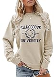 GLAMVOS Womens Crewneck Funny Cute Silly Goose University Sweatshirt Christmas Sweater (Beige,Medium,Medium)