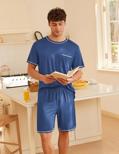 Ekouaer Men's Pajamas Set Casual Short Sleeve Shirts and Shorts Soft 2 Piece Loungewear With Pockets4