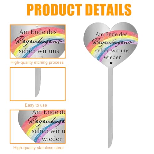 Grabstecker Wetterfest Herz Edelstahl Grabstecker, Grabdekoration Wetterfest Grabschmuck mit Gravur Am Ende des Regenbogens Sehen Wir Uns Wieder, Grab Deko zum Erinnerung Andenken Dekoherz Traue