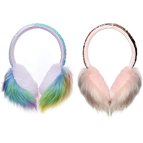 2 Pieces Girls Ear Muffs Warmers Kids Cute Plush Earmuffs W/Flip Sequins Christmas Gifts For Daughter Granddaughter Niece (4-15 Years, A Set Of 2 Pieces) #TOP1