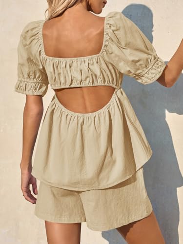 Image of Tankaneo Womens 2 Piece Outfits Summer Square Neck Short Puff Sleeve Babydoll Tops and Shorts Matching Set