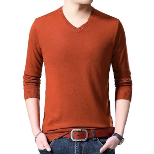 Men Solid V-Neck Knitted Long Sleeve Warm Top Autumn Winter Thin Woolen Sweater Orange