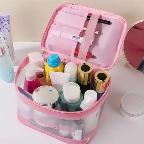 Image of Transparent and PU Waterproof Cosmetic Wash Bag (Pink, Square Shape) - Travel Toiletry Organizer Pouch with Zipper & Handle for Makeup & Skincare (21.5W x 15B x 16H cm, Pack of 1)