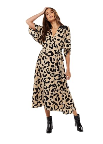 Liquorish Women's Animal Print Maxi Wrap Dress with Kimono Sleeves in Cream Wedding, 14