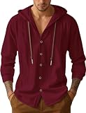 QOSOQ Mens Cotton Linen Button Down Hoodies Long Sleeve Casual Hoodies Hawaiian Beach Top Lightweight Fashion Shirts Burgundy