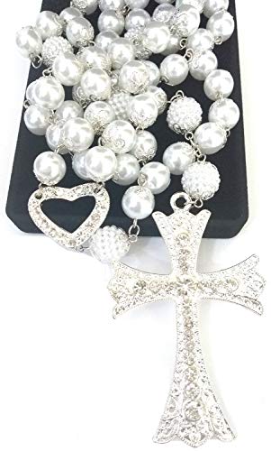 Terço Noiva Banho De Prata Perolas Brancas Pingente Coração