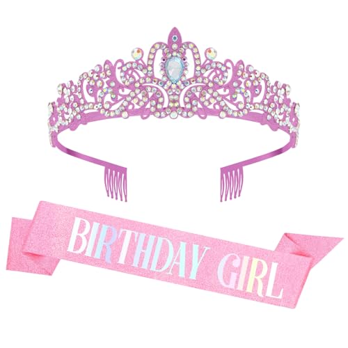 Coopyin Pink Birthday Sash and Crown for Women Girls Birthday Girls Sash Costume Tiara Headband Queen Princess Crown Sparkly Pink Hair Accessories Decorations Set Party Favors
