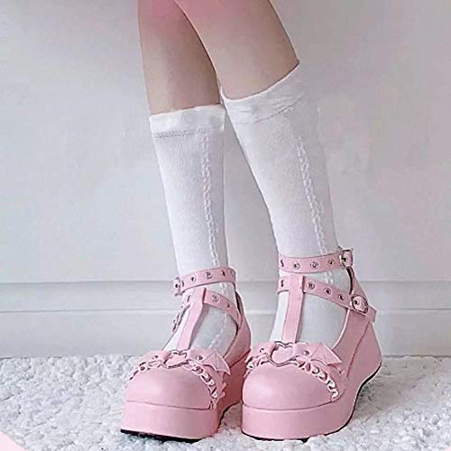 Image of Women's Platform Mary Janes Heart Cat Buckle Rivets Ankle Lolita Gothic Princess Platform Pumps Patent Leather Thorn Vintage Traditional Embroidery Upper Dress Shoes
