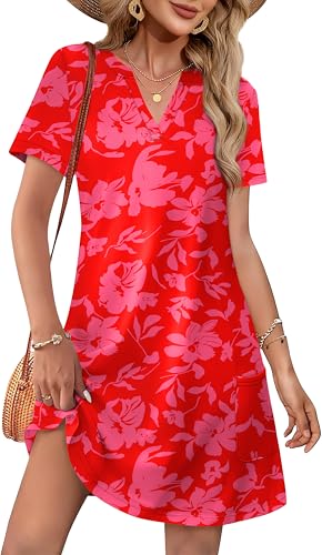 Image of WIHOLL Summer Dresses for Women Casual V Neck Wedding Guest Dress Hawaiian Midi Dress Fashion Beach Vacation Clothes