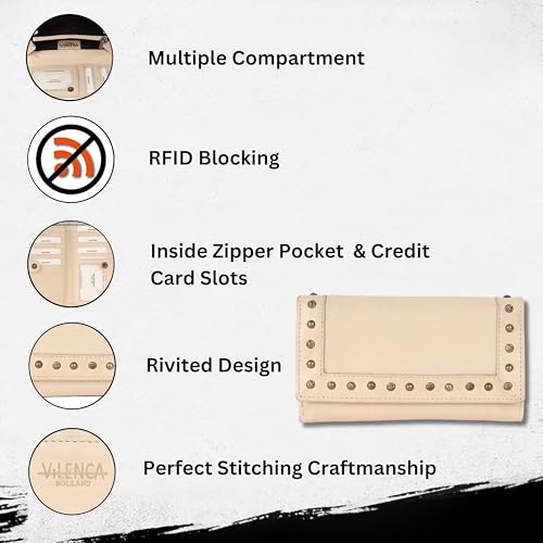 Vintage Italian Leather Boho Studded Trifold Wallet – Zipper Coin Purse & Credit Card Holder for Women (Beige)2