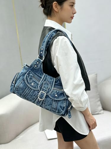 Image of Designer Denim Handbags for Women Hobo Tote Bag Crossbody Denim Purses Blue Jean Shoulder Bag