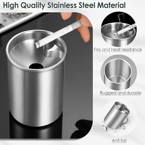 Image of NYRWANA Stainless Steel Windproof Ashtray with Lid | Rustproof, Easy-to-Clean Ash Holder for Smokers | Elegant Indoor Outdoor Ash Tray for Patio, Home, Office, Bar & Garden Use (Silver)