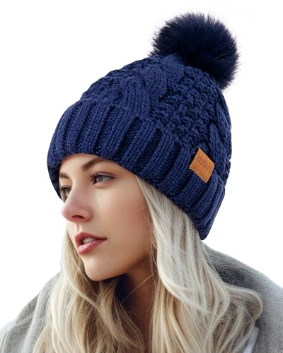 PIOZAED Women's Winter Pompom Beanie Warm and Cozy Knit Hat Fleece Lining Skull Cap for Women Navy