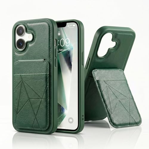 Image of amazon basics Premium Vegan Leather Back Cover with Card Holder and Integrated Mobile Stand for iPhone 16 - Slim Shockproof Wallet Case with Geometric Stitching [Green]