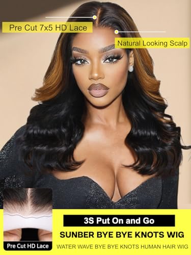 Image of Sunber Bye Bye Knots 7x5 Lace Black with Caramel Blonde Highlights Body Wave Glueless Wigs Pre Everything Pre Cut 7x5 Lace Front Pre Plucked Pre Bleached Knots 150% Density 14Inch Put On and Go Wig